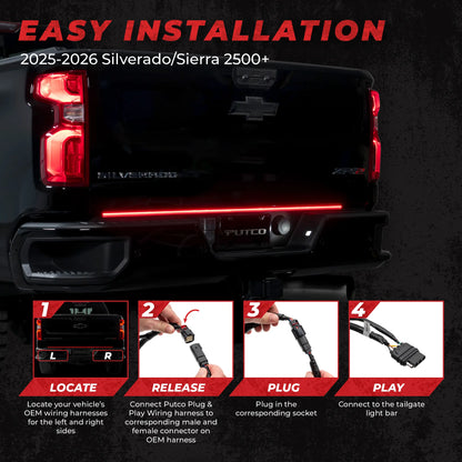 Putco 60" Blade LED Tailgate Light Bar Red/White LEDs & Plug-N-Play Quick Connect Harness |9203060-25| - Fits Chevy Silverado & GMC Sierra HD 2500, 3500 2024-2027